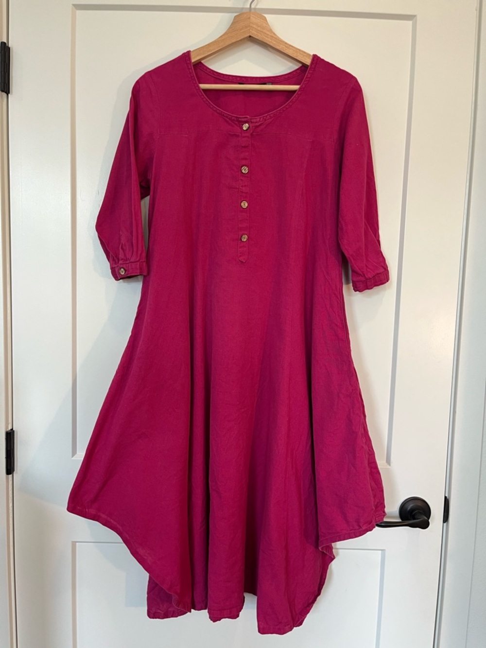 Flex Cotton blend asymmetrical Lagenlook boho resort magenta color tunic dress L